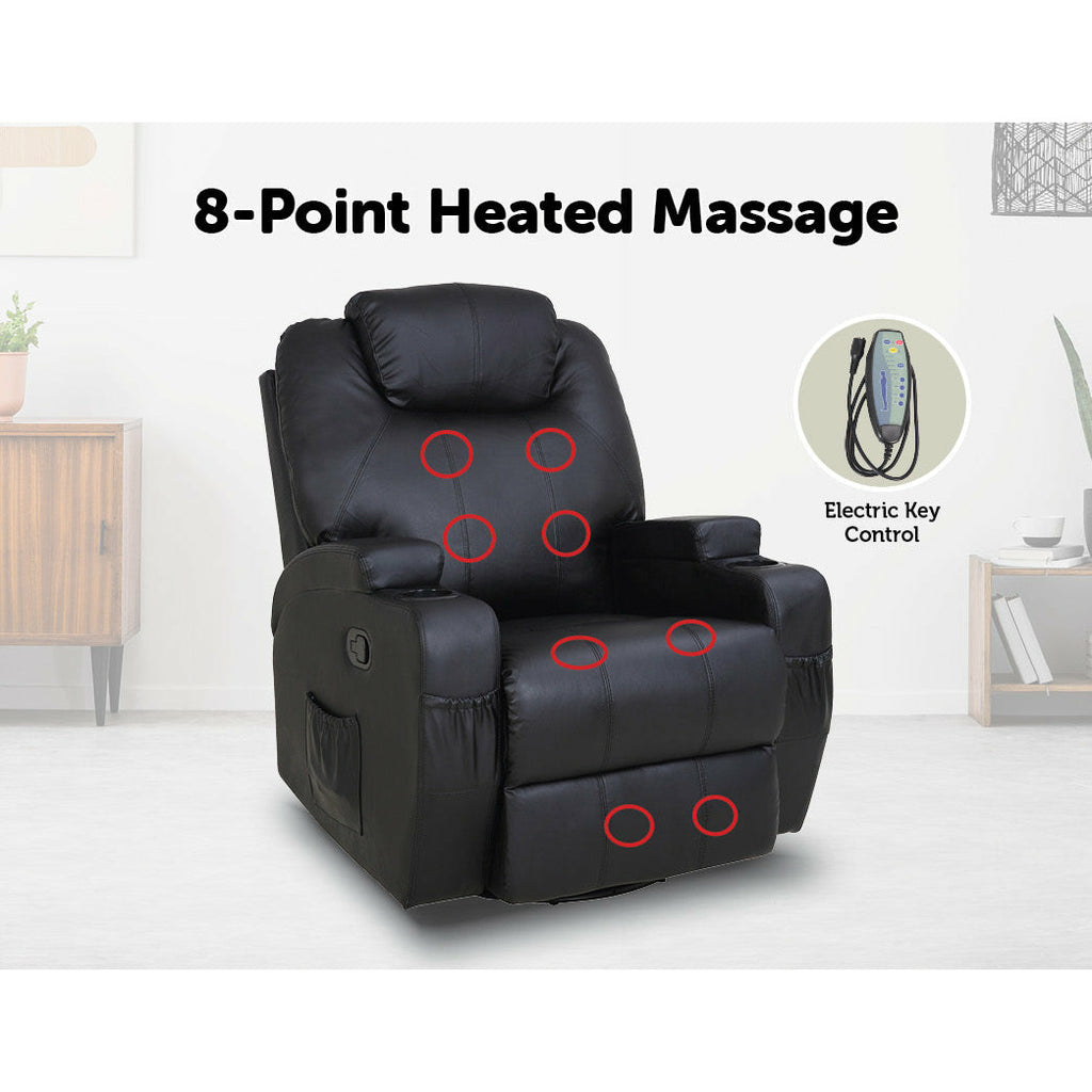 Massage Chair Recliner 360 Degree Swivel PU Leather Lounge 8 Point Heated