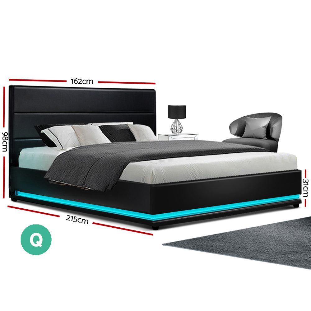 Artiss Lumi LED Bed Frame PU Leather Gas Lift Storage - Black Queen