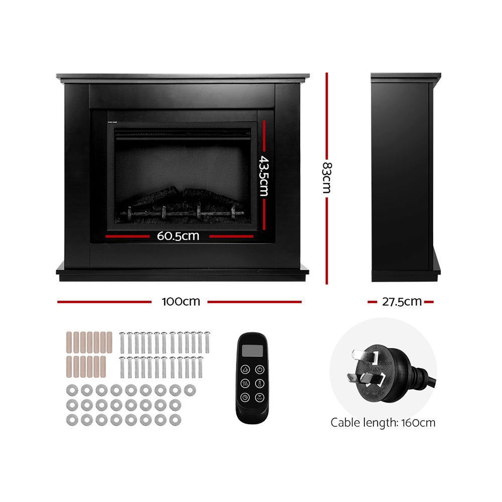 Devanti 2000W Electric Fireplace 3D Flame Effect - Black