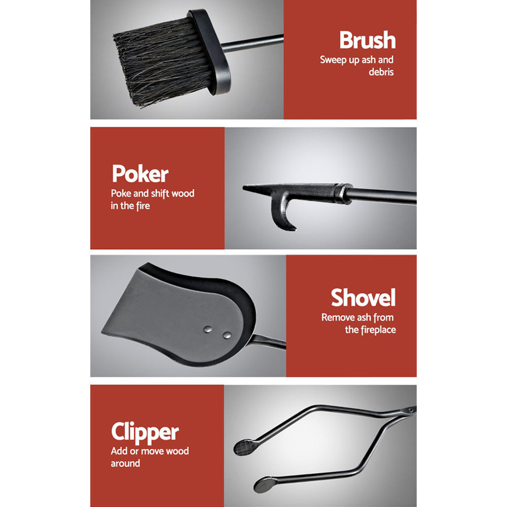 Grillz Fireplace Tool Set - Poker Brush Shovel Stand Tongs