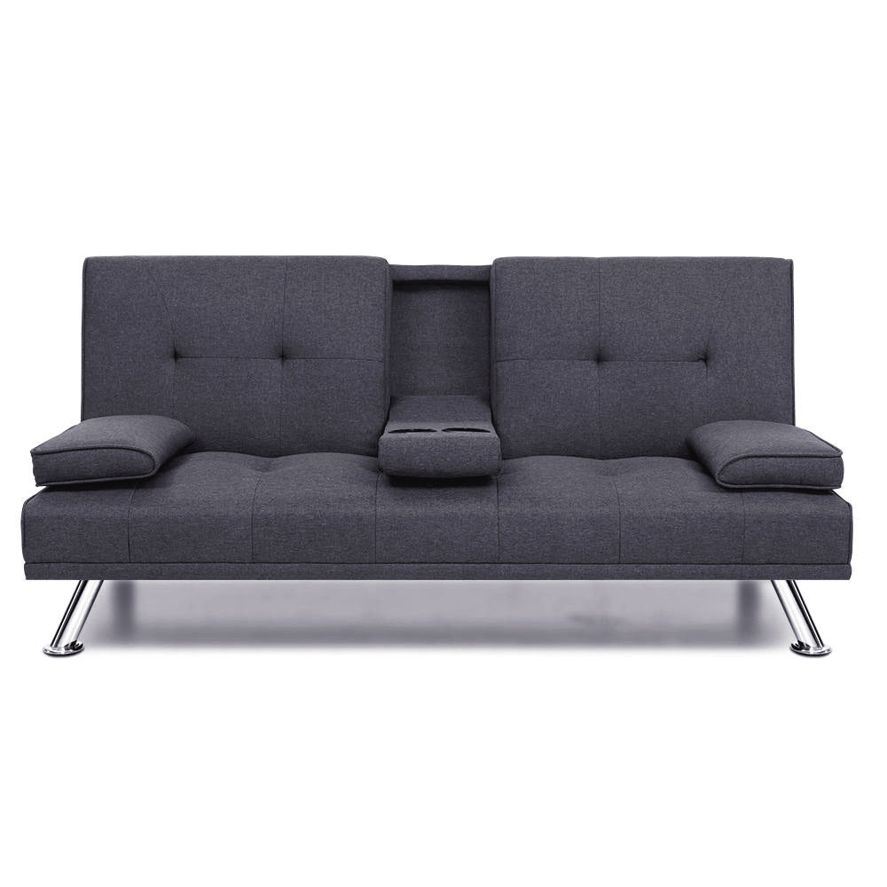 Artiss Linen Fabric 3 Seater Sofa Bed Recliner  Cup Holder Futon Dark Grey