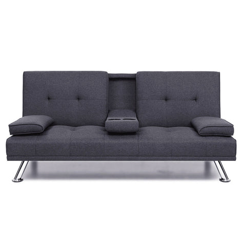 Artiss Linen Fabric 3 Seater Sofa Bed Recliner  Cup Holder Futon Dark Grey