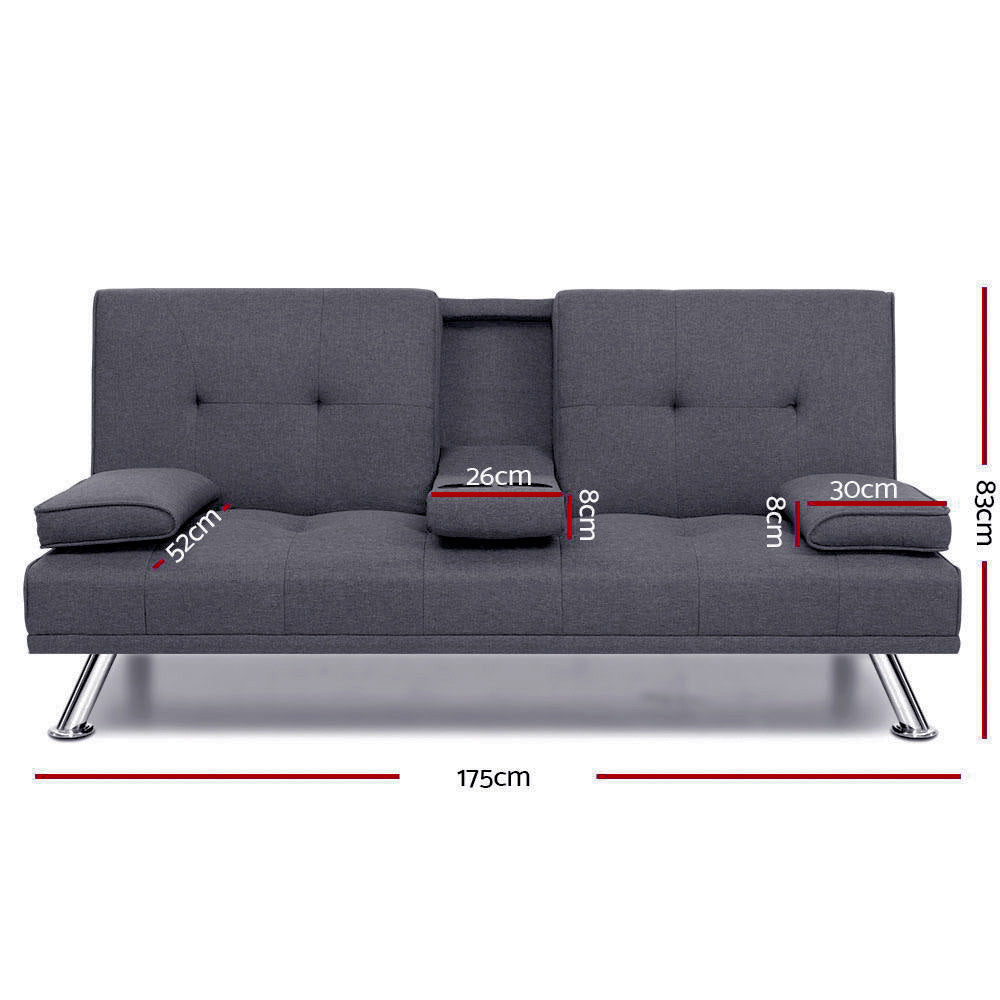 Artiss Linen Fabric 3 Seater Sofa Bed Recliner  Cup Holder Futon Dark Grey