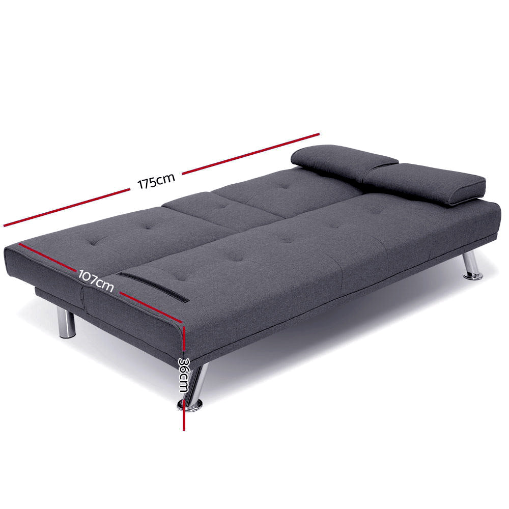 Artiss Linen Fabric 3 Seater Sofa Bed Recliner  Cup Holder Futon Dark Grey