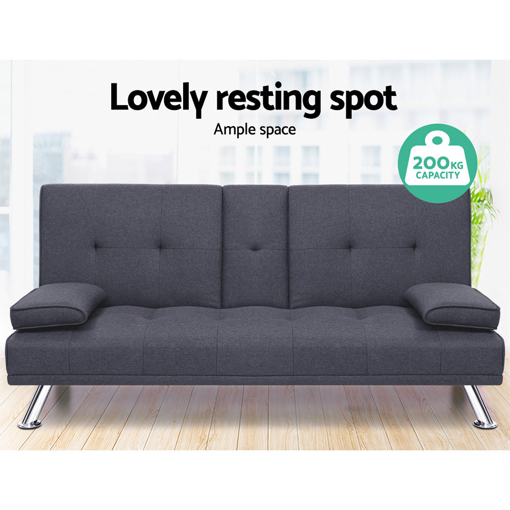 Artiss Linen Fabric 3 Seater Sofa Bed Recliner  Cup Holder Futon Dark Grey
