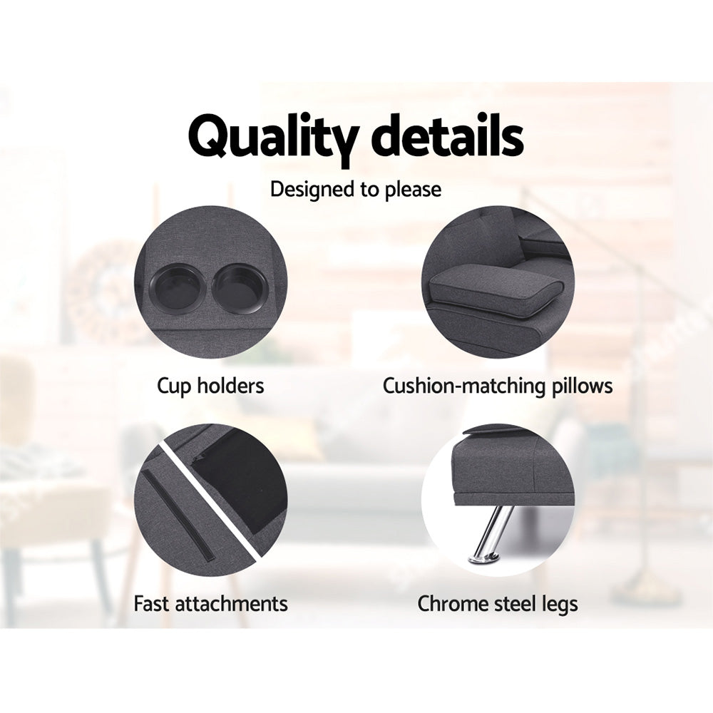 Artiss Linen Fabric 3 Seater Sofa Bed Recliner  Cup Holder Futon Dark Grey