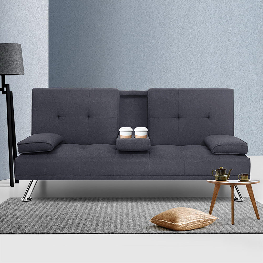 Artiss Linen Fabric 3 Seater Sofa Bed Recliner  Cup Holder Futon Dark Grey