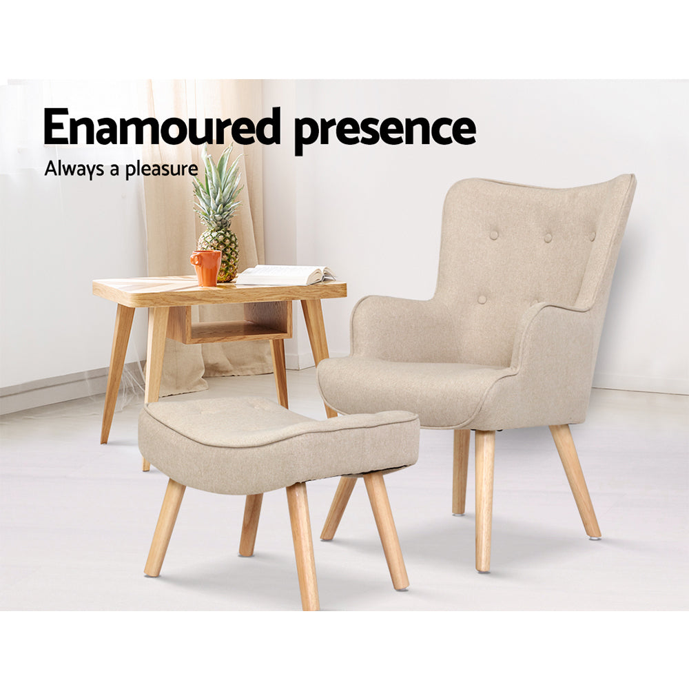 Artiss Armchair Fabric Accent Chairs and Ottoman Beige