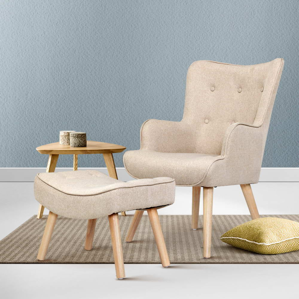 Artiss Armchair Fabric Accent Chairs and Ottoman Beige
