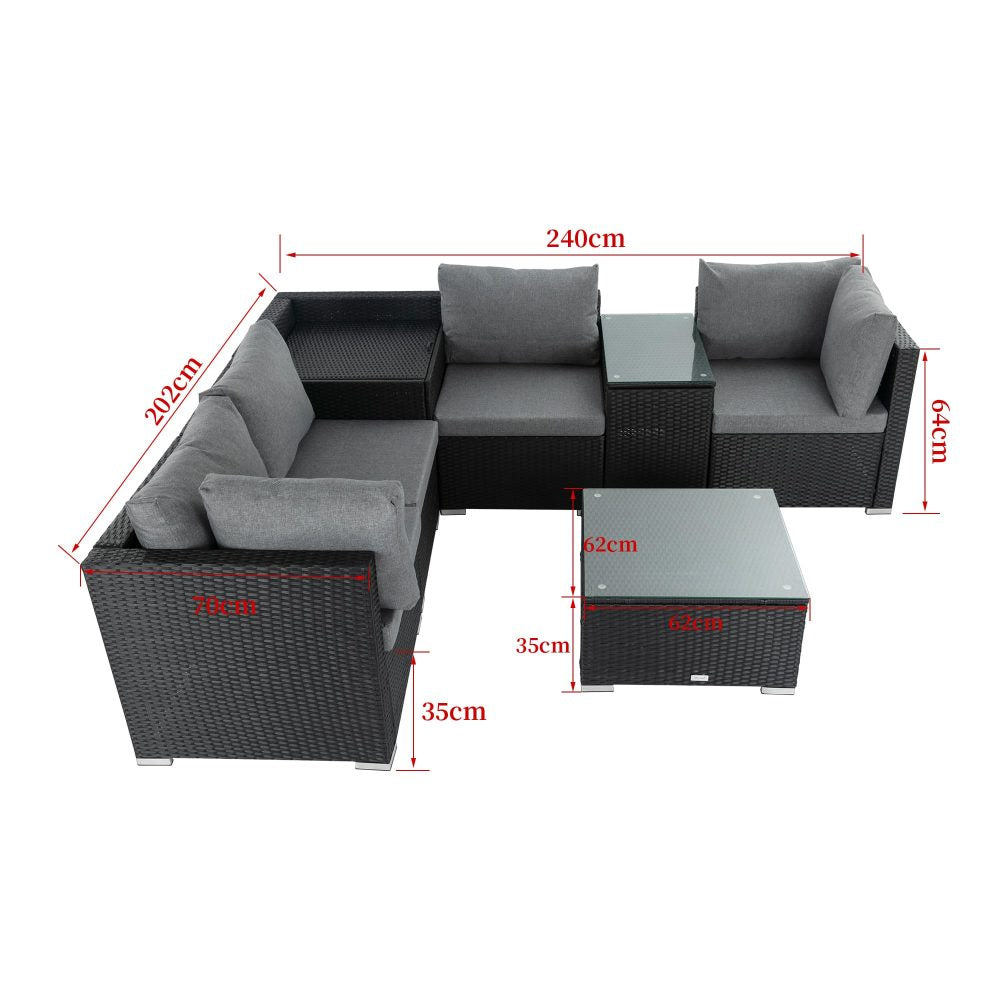 7PC Outdoor Wicker Lounge Set with Storage Corner Black