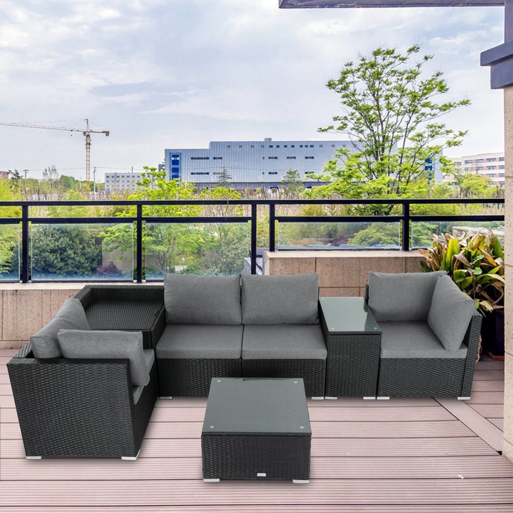 7PC Outdoor Wicker Lounge Set with Storage Corner Black