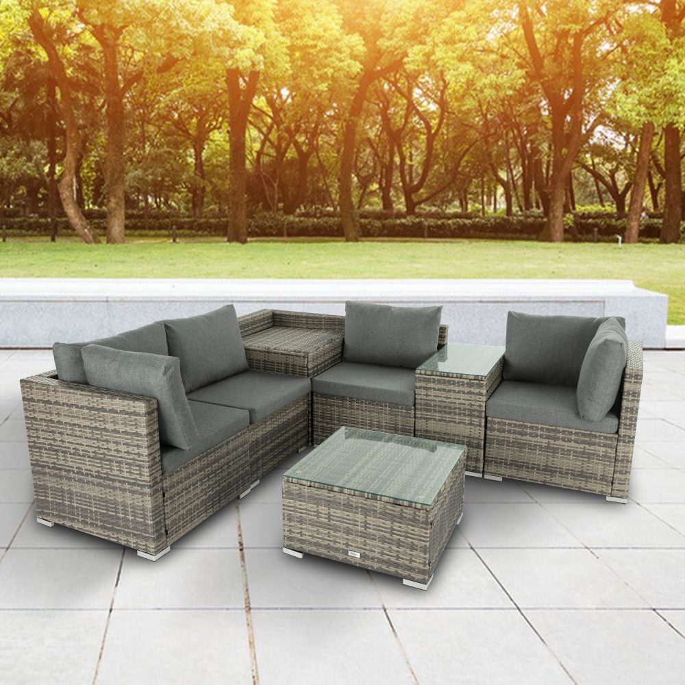 7PC Outdoor Wicker Lounge Set with Storage Corner  Grey