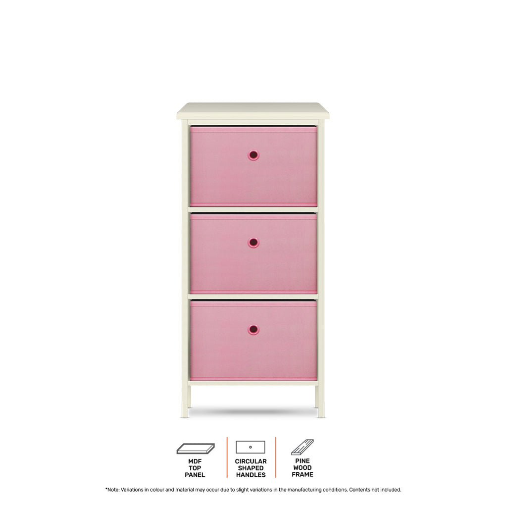 Home Master 3 Drawer Pine Wood Storage Chest Pink Fabric Baskets 70 x 80cm