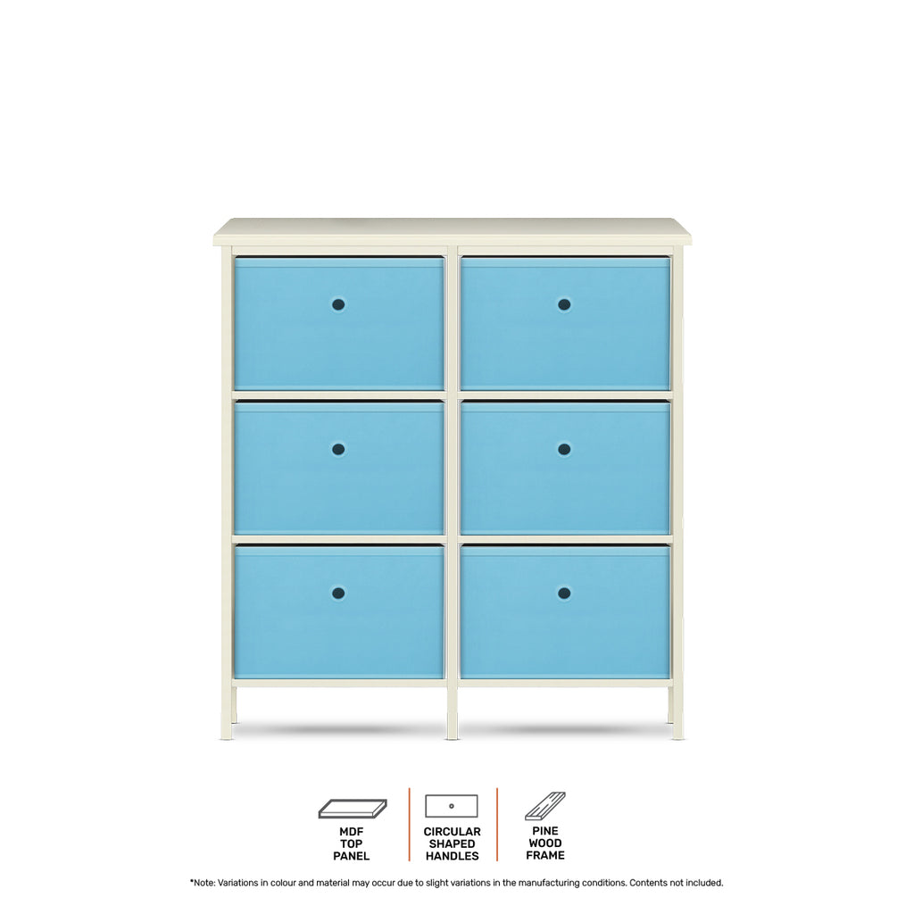 Home Master 6 Drawer Pine Wood Storage Chest Sky Blue Fabric Baskets 70 x 80cm